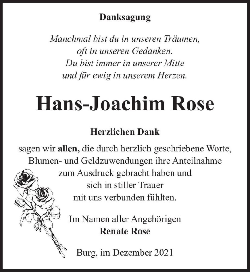  Traueranzeige für Hans-Joachim Rose  vom 18.12.2021 aus Magdeburger Volksstimme