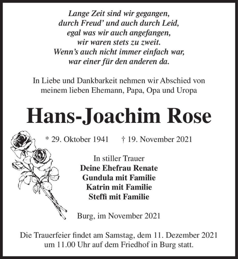  Traueranzeige für Hans-Joachim Rose  vom 27.11.2021 aus Magdeburger Volksstimme