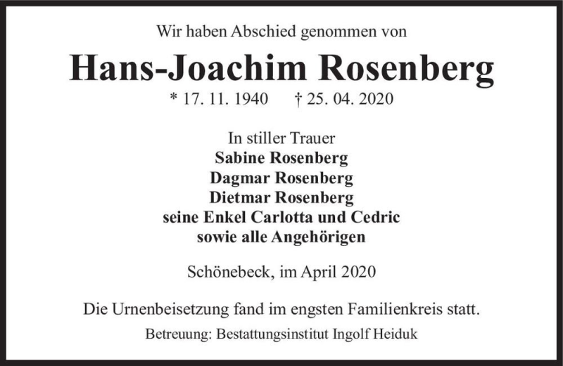  Traueranzeige für Hans-Joachim Rosenberg  vom 09.05.2020 aus Magdeburger Volksstimme