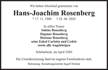 Traueranzeige von Hans-Joachim Rosenberg  von Magdeburger Volksstimme
