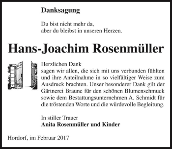 Traueranzeige von Hans-Joachim Rosenmüller  von Magdeburger Volksstimme