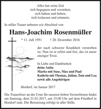 Traueranzeige von Hans-Joachim Rosenmüller  von Magdeburger Volksstimme