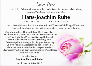 Traueranzeige von Hans-Joachim Ruhe  von Magdeburger Volksstimme