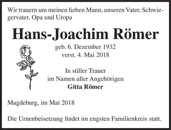Traueranzeige von Hans-Joachim Römer  von Magdeburger Volksstimme