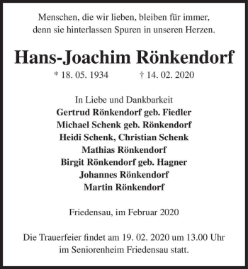 Traueranzeige von Hans-Joachim Rönkendorf  von Magdeburger Volksstimme