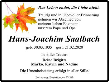 Traueranzeige von Hans-Joachim Saalbach  von Magdeburger Volksstimme