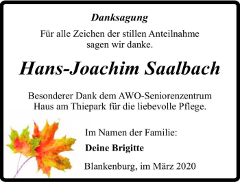 Traueranzeige von Hans-Joachim Saalbach  von Magdeburger Volksstimme