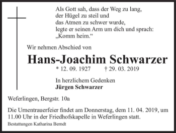 Traueranzeige von Hans-Joachim Scharzer  von Magdeburger Volksstimme