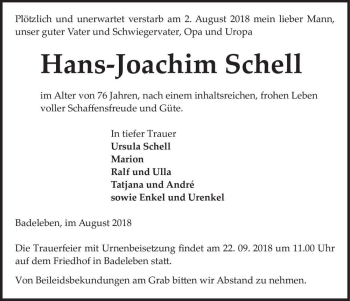 Traueranzeige von Hans-Joachim Schell  von Magdeburger Volksstimme