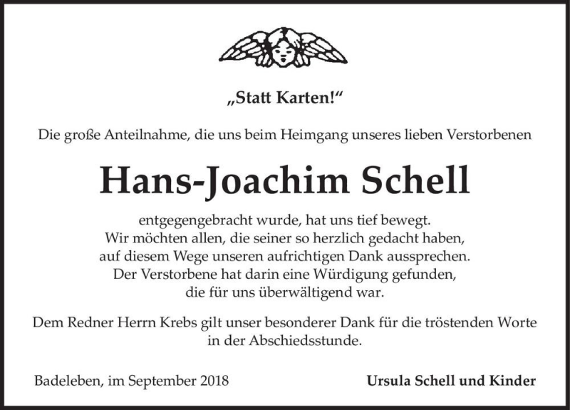  Traueranzeige für Hans-Joachim Schell  vom 29.09.2018 aus Magdeburger Volksstimme