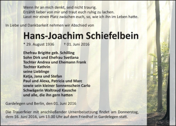 Traueranzeige von Hans-Joachim Schiefelbein  von Magdeburger Volksstimme