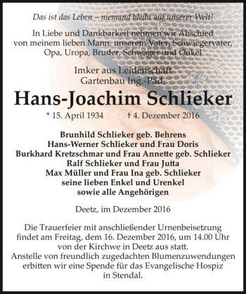 Traueranzeige von Hans-Joachim Schlieker  von Magdeburger Volksstimme