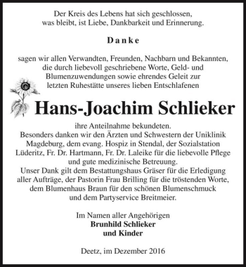 Traueranzeige von Hans-Joachim Schlieker  von Magdeburger Volksstimme