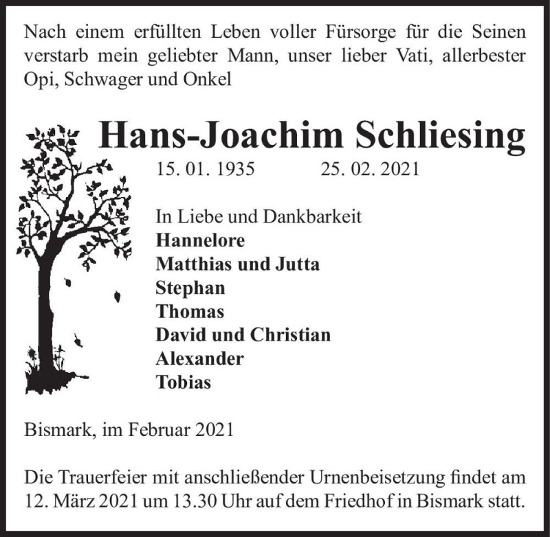  Traueranzeige für Hans-Joachim Schliesing  vom 04.03.2021 aus Magdeburger Volksstimme