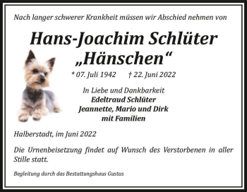 Traueranzeige von Hans-Joachim Schlüter 