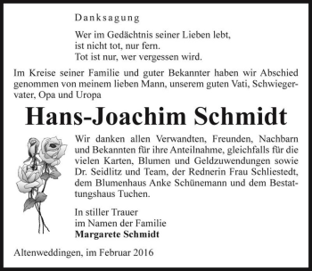 Traueranzeige von Hans-Joachim Schmidt  von Magdeburger Volksstimme