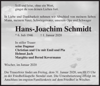 Traueranzeige von Hans-Joachim Schmidt  von Magdeburger Volksstimme