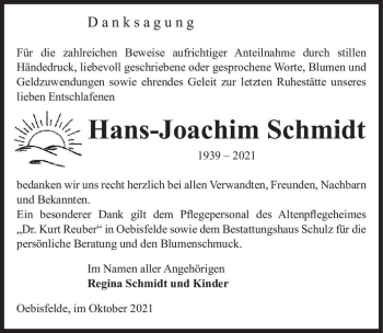 Traueranzeige von Hans-Joachim Schmidt  von Magdeburger Volksstimme