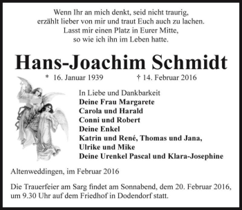 Traueranzeige von Hans-Joachim Schmidt  von Magdeburger Volksstimme
