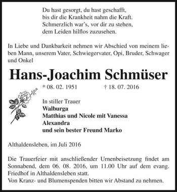 Traueranzeige von Hans-Joachim Schmüser  von Magdeburger Volksstimme