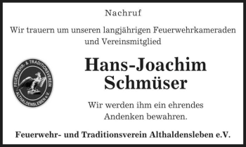 Traueranzeige von Hans-Joachim Schmüser  von Magdeburger Volksstimme
