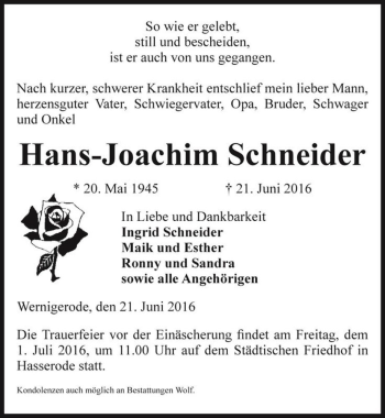 Traueranzeige von Hans-Joachim Schneider  von Magdeburger Volksstimme