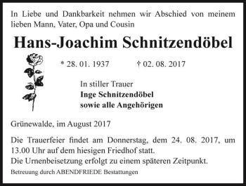 Traueranzeige von Hans-Joachim Schnitzendöbel  von Magdeburger Volksstimme