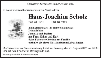 Traueranzeige von Hans-Joachim Scholz  von Magdeburger Volksstimme