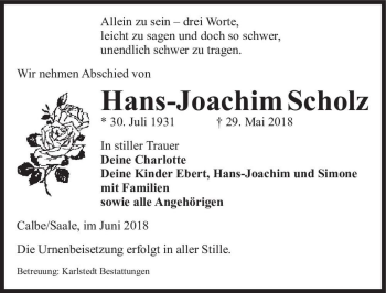 Traueranzeige von Hans-Joachim Scholz  von Magdeburger Volksstimme