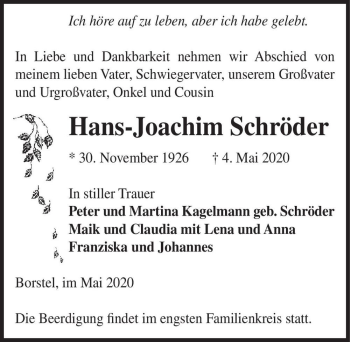 Traueranzeige von Hans-Joachim Schröder  von Magdeburger Volksstimme