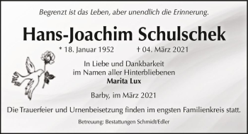 Traueranzeige von Hans-Joachim Schulschek  von Magdeburger Volksstimme