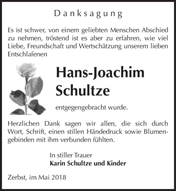 Traueranzeige von Hans-Joachim Schultze  von Magdeburger Volksstimme