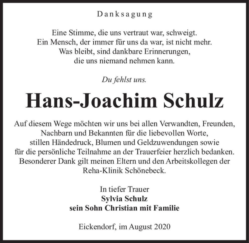  Traueranzeige für Hans-Joachim Schulz  vom 08.08.2020 aus Magdeburger Volksstimme