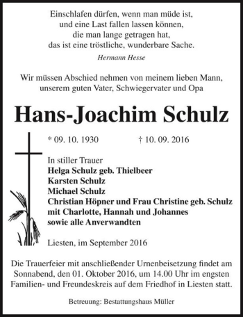 Traueranzeige von Hans-Joachim Schulz  von Magdeburger Volksstimme