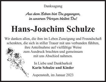 Traueranzeige von Hans-Joachim Schulze  von Magdeburger Volksstimme