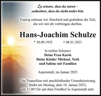 Traueranzeige von Hans-Joachim Schulze  von Magdeburger Volksstimme