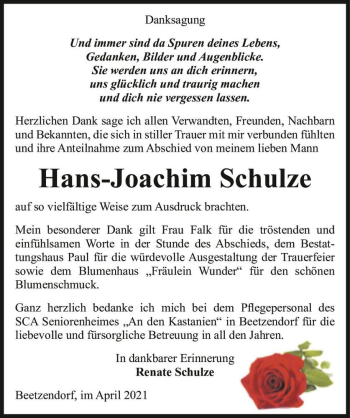 Traueranzeige von Hans-Joachim Schulze  von Magdeburger Volksstimme