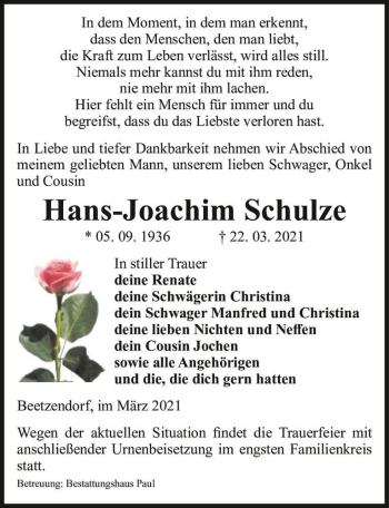 Traueranzeige von Hans-Joachim Schulze  von Magdeburger Volksstimme