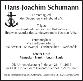 Traueranzeige von Hans-Joachim Schumann  von Magdeburger Volksstimme