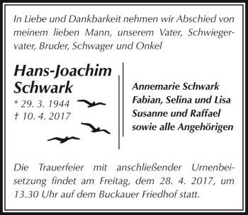 Traueranzeige von Hans-Joachim Schwark  von Magdeburger Volksstimme