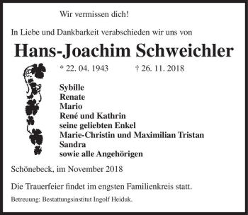 Traueranzeige von Hans-Joachim Schweichler  von Magdeburger Volksstimme