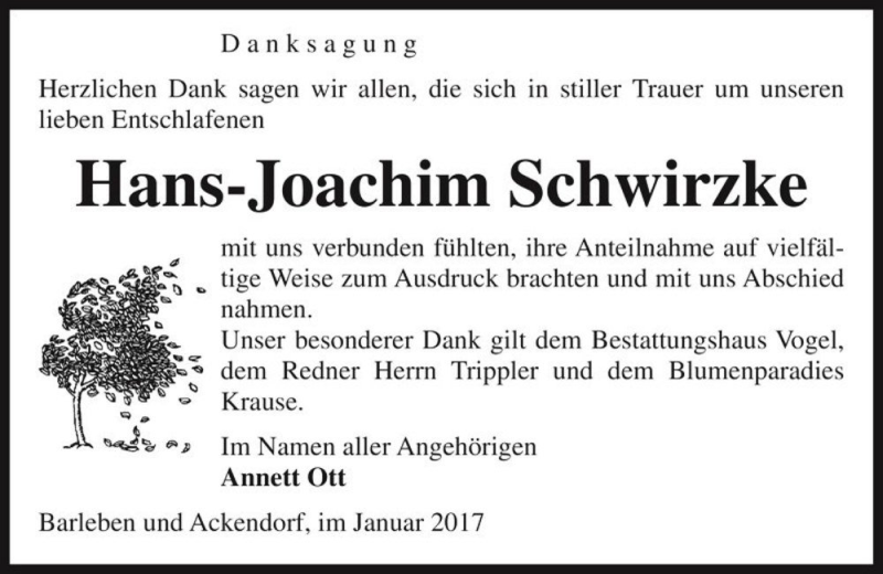  Traueranzeige für Hans-Joachim Schwirzke  vom 28.01.2017 aus Magdeburger Volksstimme