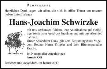 Traueranzeige von Hans-Joachim Schwirzke  von Magdeburger Volksstimme