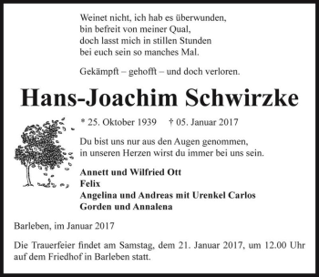 Traueranzeige von Hans-Joachim Schwirzke  von Magdeburger Volksstimme