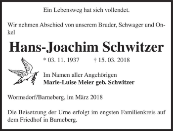 Traueranzeige von Hans-Joachim Schwitzer  von Magdeburger Volksstimme