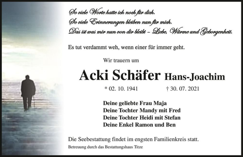  Traueranzeige für Hans-Joachim Schäfer (Acki)  vom 07.08.2021 aus Magdeburger Volksstimme