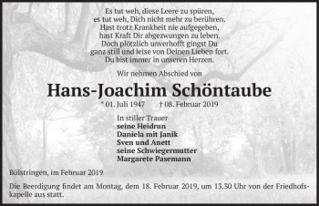 Traueranzeige von Hans-Joachim Schöntaube  von Magdeburger Volksstimme