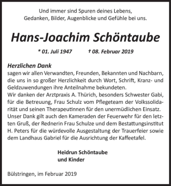 Traueranzeige von Hans-Joachim Schöntaube  von Magdeburger Volksstimme