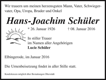 Traueranzeige von Hans-Joachim Schüler  von Magdeburger Volksstimme