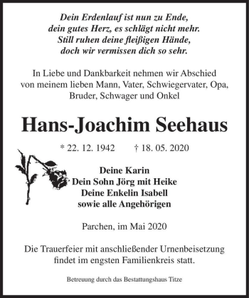 Traueranzeige von Hans-Joachim Seehaus  von Magdeburger Volksstimme